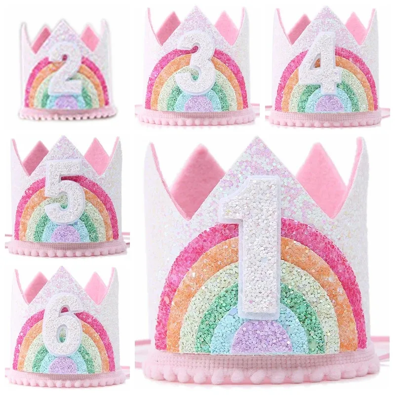 レインボーテーマの誕生日パーティークラウン1st 2番目の3番目の幸せな装飾子供のベビーシャワー番号帽子ユニコーン240419