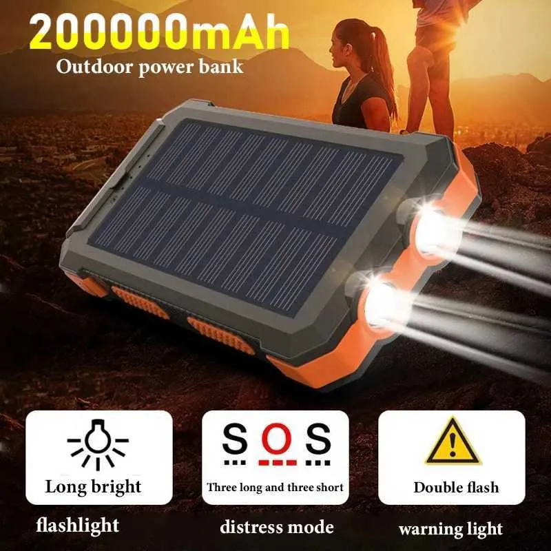 Mobiltelefon Power Banks Nya bärbara solpaneler utomhusladdare 200000mah PowerBank Waterproof Externt batteri Dual USB -laddning med LED -lampor J240428