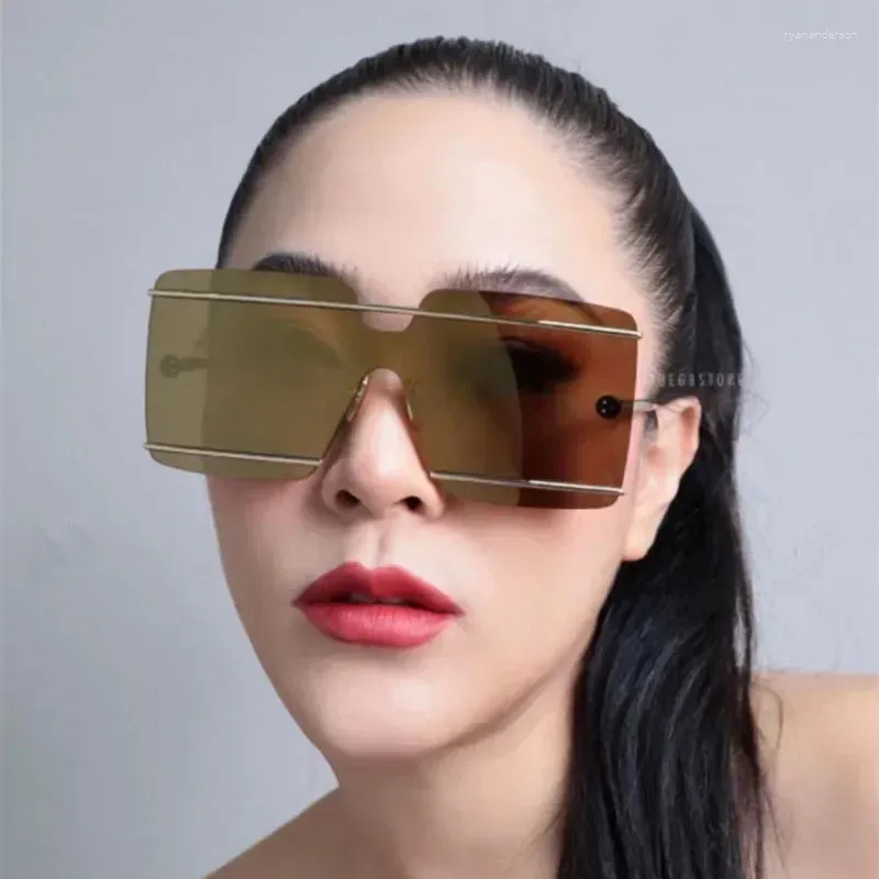Large Square Metal Rimless Sunglasses for Women UV400 Protection Street Photography Driving Elegant Glasses