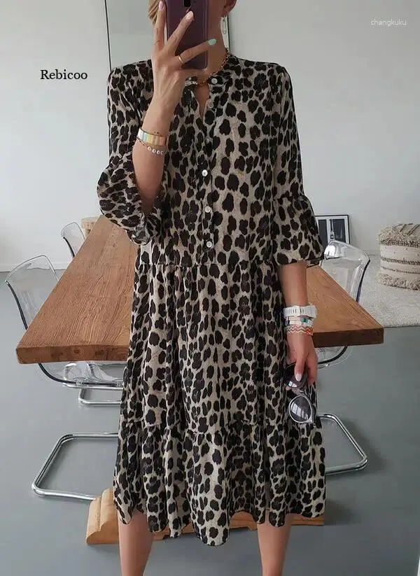 Vestidos de festa Primavera Mulheres Vestam Longe Leopard Impressão Média Casual Casual Ladies