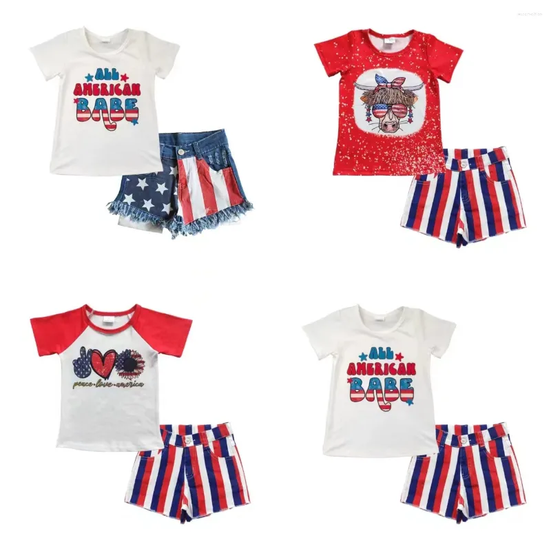 Set di abbigliamento per bambini all'ingrosso 4 luglio Summer rosso maniche corte outfit da bambina babe top star strip shorts shorts bambino