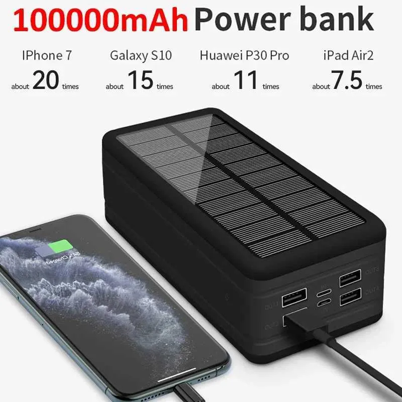 Питание мобильного телефона Banks 100000mah Power Pack Магнитная беспроводная сверхпрочная зарядка 21a Солнечная зарядка 4USB Power Pack Подходит для xiaomi iPhone 15 портативного батари