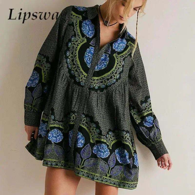 Casual Dresses French Vintage Pattern Print Fashion Shirt Loose Women A-Line Dress Spring Autumn Elegant Long Sleeve Party