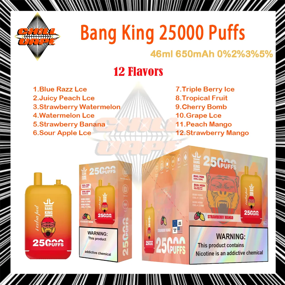 Bang King d'origine 25000 Puffle D jetable E Cigarettes Mesh Coil 46 ML POD 650 MAH Batterie rechargeable Puff 25K 0% 2% 3% 5% Couleurs Vaporisateurs