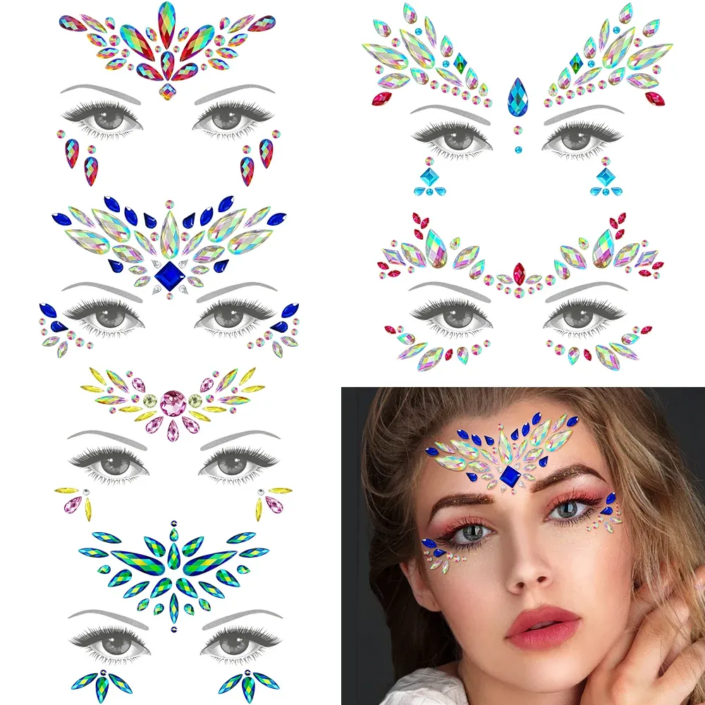 Tatuaggi 6pcs sirena faccia gioielli gemme strass con gli occhi rave corpo adesivo temporaneo adesivi cristallini decorazioni per la festa del festival