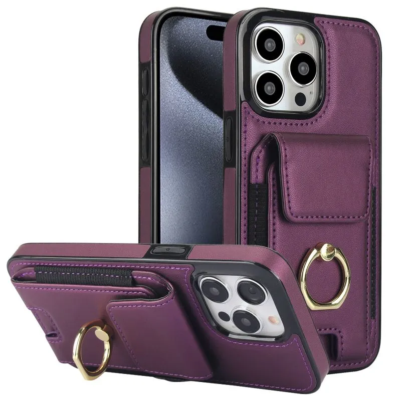 Fashion design Card slot PU+TPU Leather Like cases suitable for Apple 15PROMAX/14XR/12XS/11 solid color card holster Ring buckle holder 360 full protection