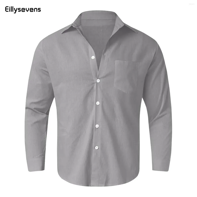 Herren lässige Hemden Frühling Männer Leinen Mode Business Office Lose Revers Langarm Tops Strand Vintage Feste Farbknopf Kleidung