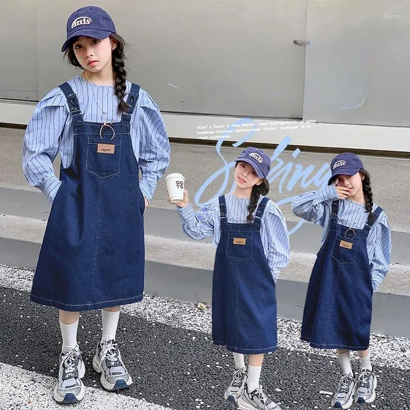 Clothing Sets Girl's Denim Strap Skirt Korean Version Children's Spring Style Western-style Striped Shirt Vest Dress Trend