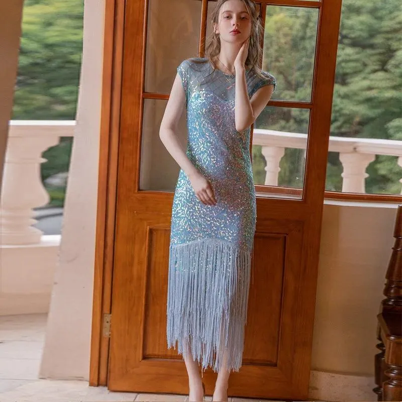1920s Flapper Dress - One Shoulder Tassel Sleeve Sequin Maxi Dress For Gatsby Party - View #7