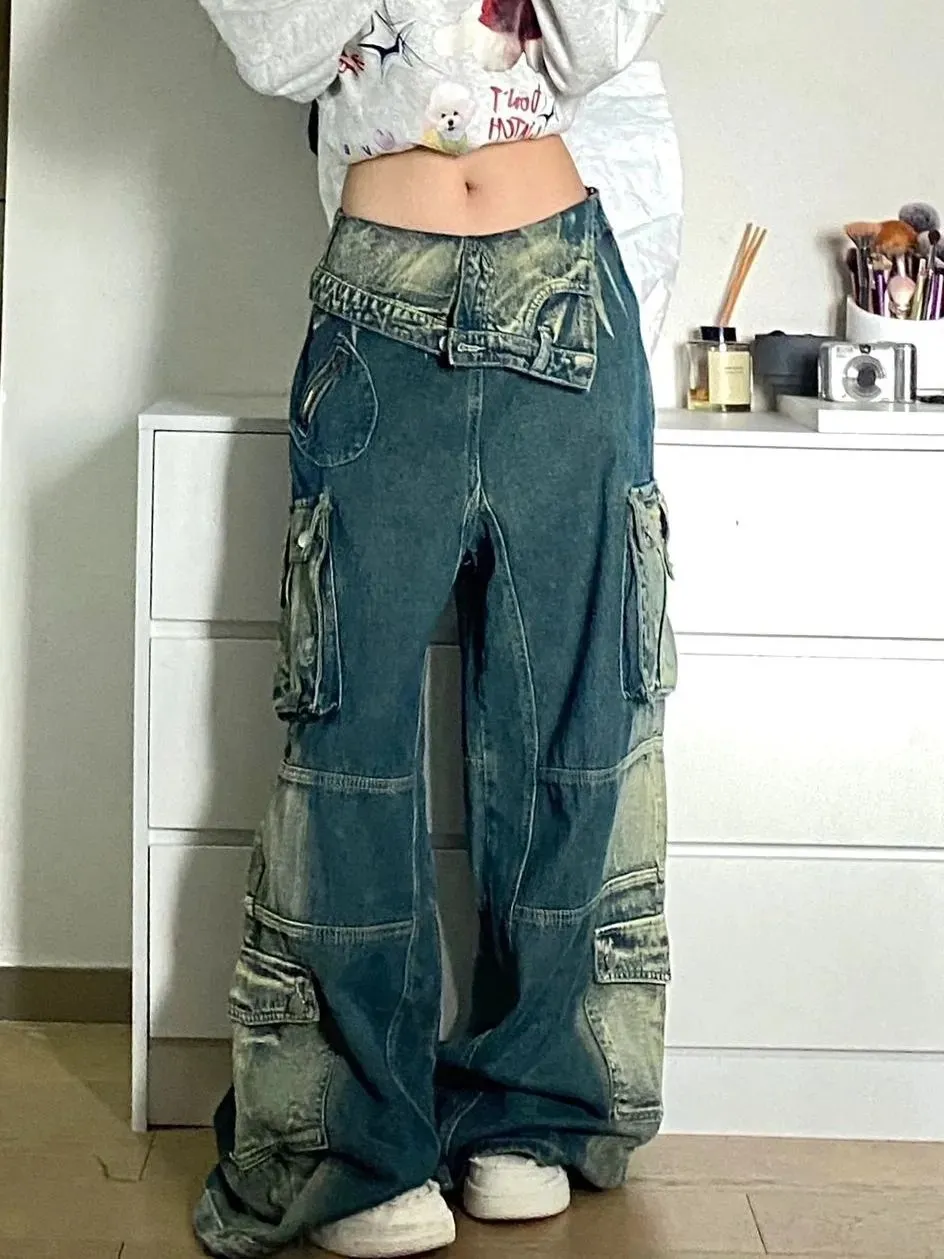 Jeans femminile da donna in alto intagliato tasche lavate cargo punk vintage grunge pantaloni baggy jeans 2023 Birthday Fringa autunno Y2K vestiti