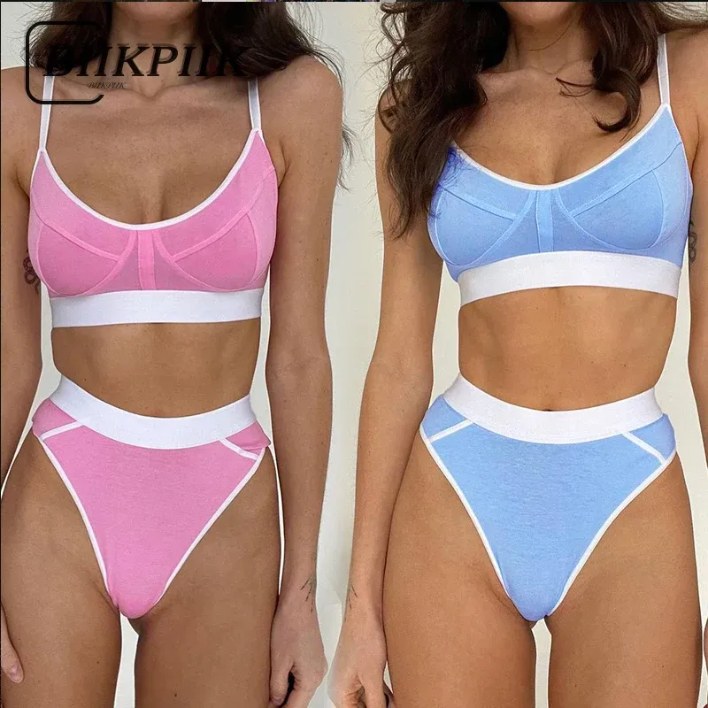 Set BIIKPIIK Sweet Patchwork Casual Two Piece Sets Cleavage Stunning Bra + High Waist Shorts Bikini Sets Sporty Streetwear Clothing