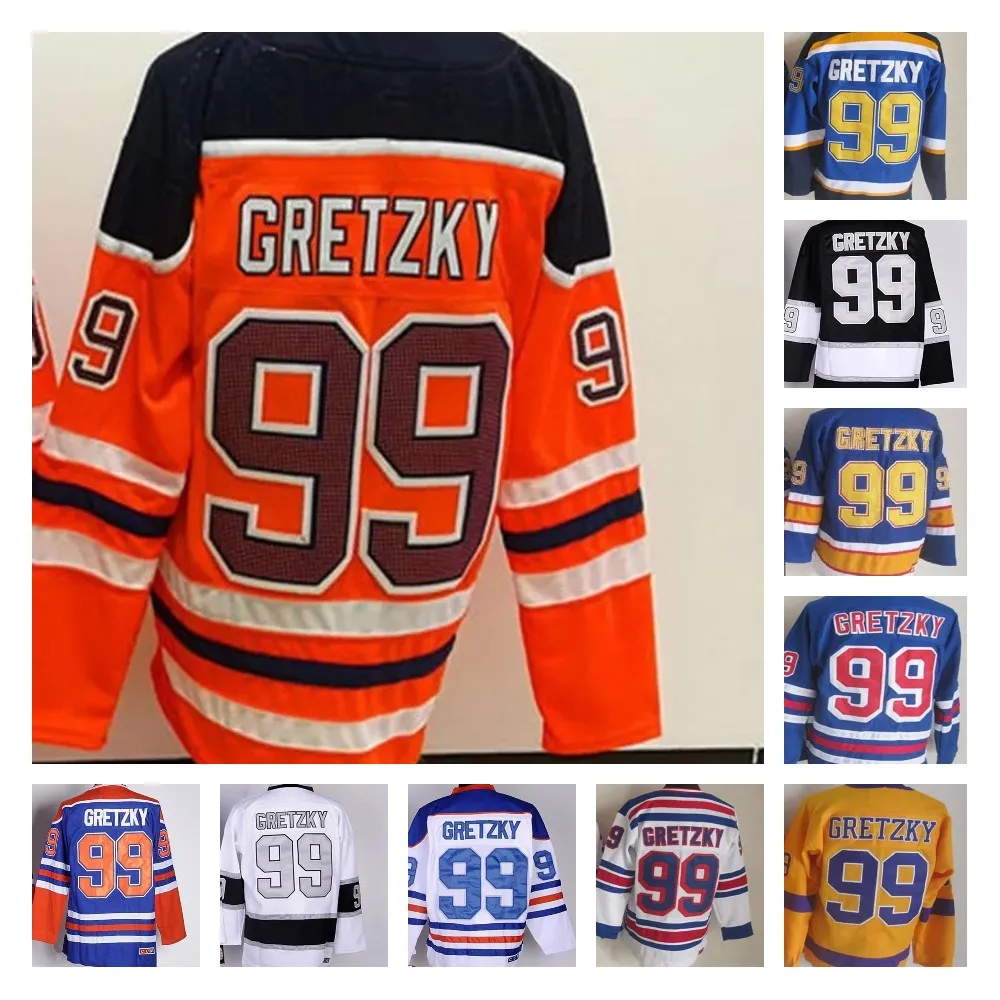 99 Wayne Gretzky Vintage Hockey Jerseys Zwart Wit Navy Blue Geel Paarse Oranje Alternatieve borduurjersey Uniformen