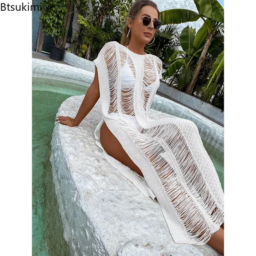 Set 2024 Kadın Yaz Beyaz Bikini Örtü Seksi Dantel Kimono Boho Plaj Uzun MAXI Elbise Sheer Gevşek Kaftan Tunik Mayo Kadın