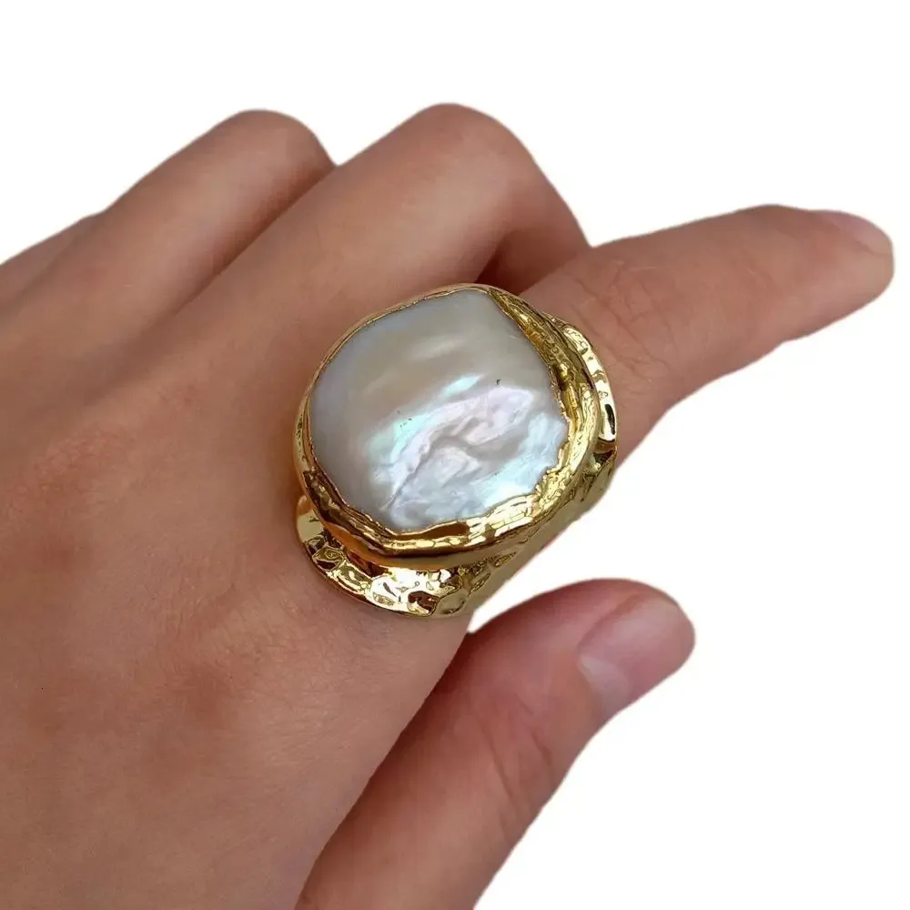 YYGEM 23mm Cultured White Baroque Pearl Gold Plated Finger Ring Adjustable Rings For Women Jewelry 240419