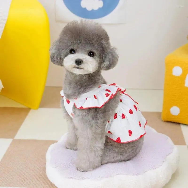 犬のアパレルスモールプリンセスドレスサマーペット服甘いストロベリーパターンスカートボウノットの装飾