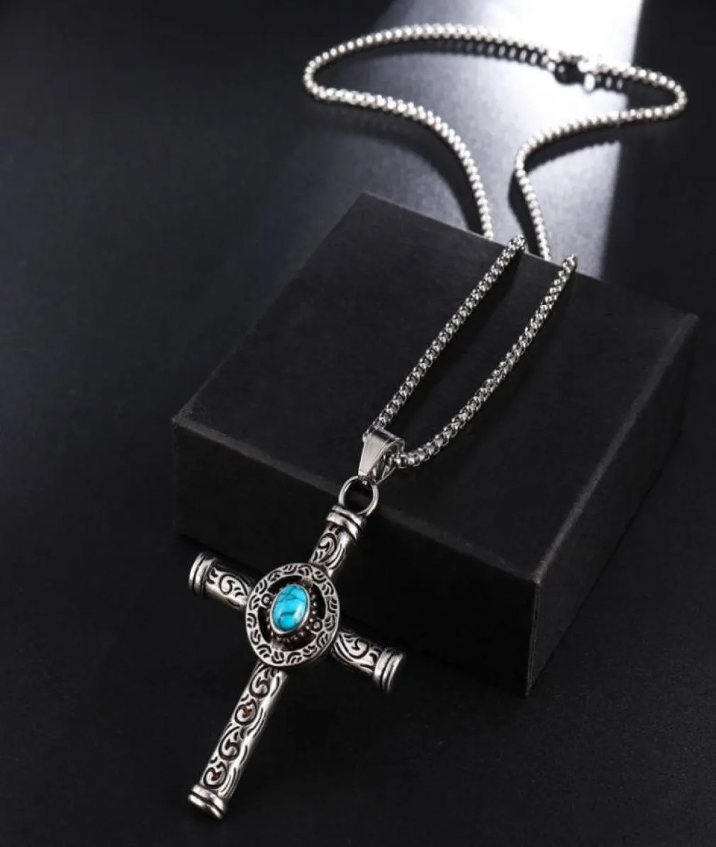 Fashion- Natural Black Blue Turquoises Pendant Necklace Men Vintage Stainless Steel Religious Jesus Crucifix Male Jewelry6009877