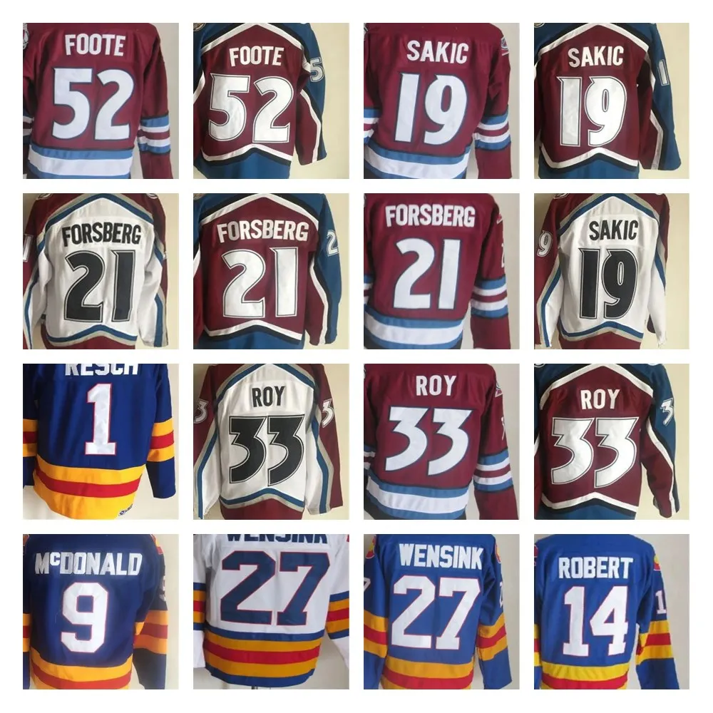 Vintage 52 Adam Foote Ice Hockey Jersey 21 Peter Forsberg 9 Paul 19 Joe Sakic 33 Patrick Roy 1 Chico Resch 14 René Robert 9 Lanny McDonald Maroon Alternate