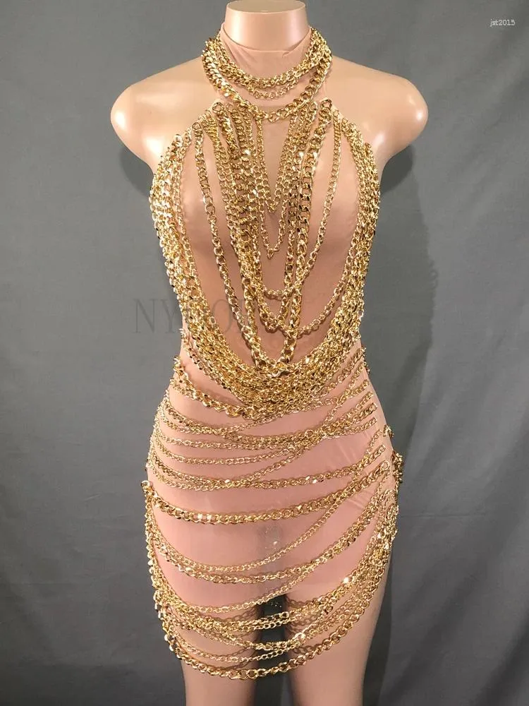 Stage Wear Sexy Transparent Mesh See Through Women Dress Fashion Golden Chain Party Po Shoot Sleeveless Performance Costume
