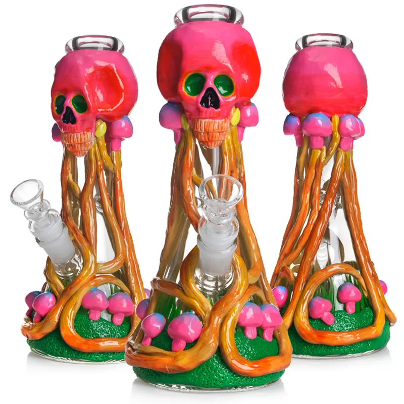 10 tum glas Bong Water Pipe 3D Handmålning SkullMushroom Glass Dab Rig Hookah Reting Bubbler 14mm Bowl