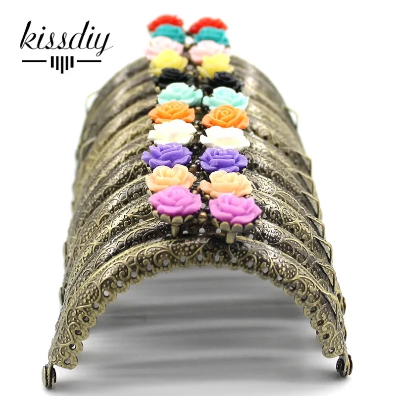 KISSDIY 10pcs 8.5CM Rose Head Pattern Purse Frame Antique Bronze Semi-Circle Shape Bag Kiss Clasp Lace Metal DIY Bag Accessories 240419