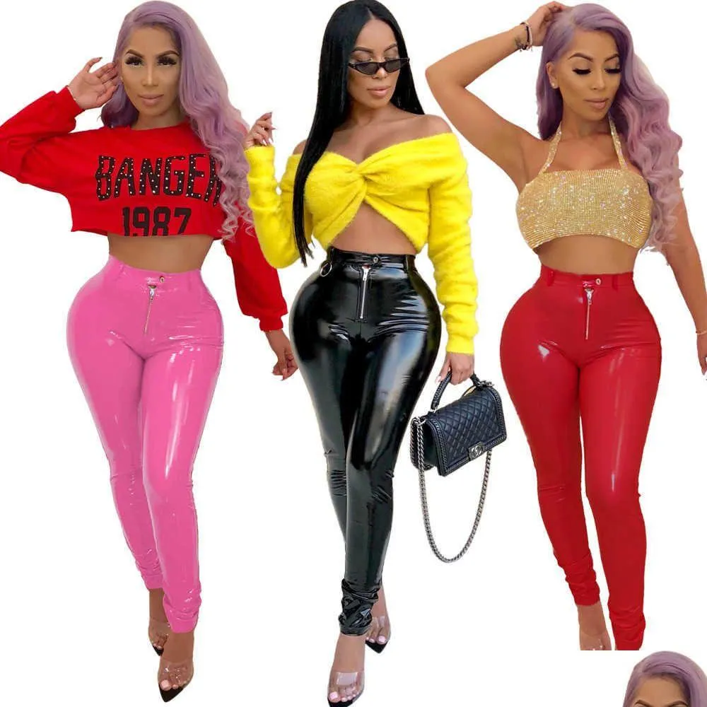 Calças femininas Capris Spring Latex Faux Hisimple Pu Leather Women Troushers Pressione a cintura alta lápis magro preto y fêmea plus size dhpuv