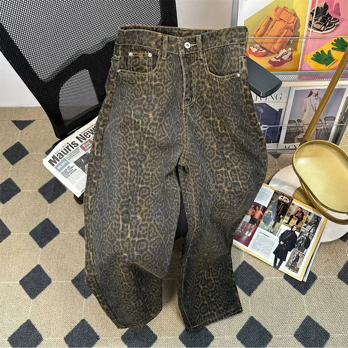 Retro Spring Trendy Leopard Print Jeans Womens American High Street byxor Y2K HARAJUKU Style Baggy High midje Casual Pants 240425