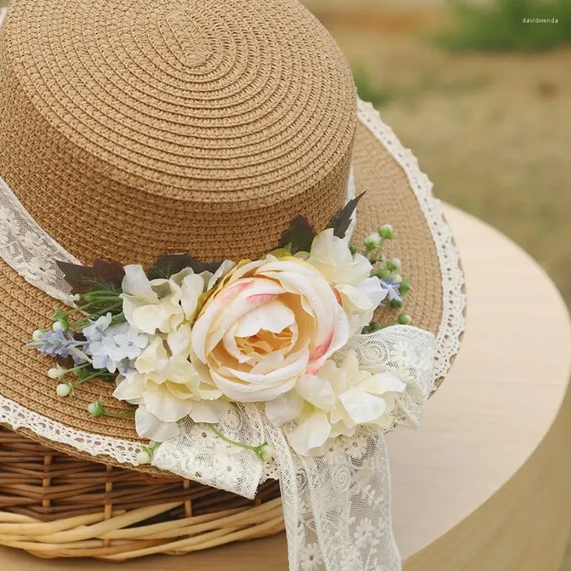 Wide Brim Straw Hats with Lace Flower Streamer Flat Crown for