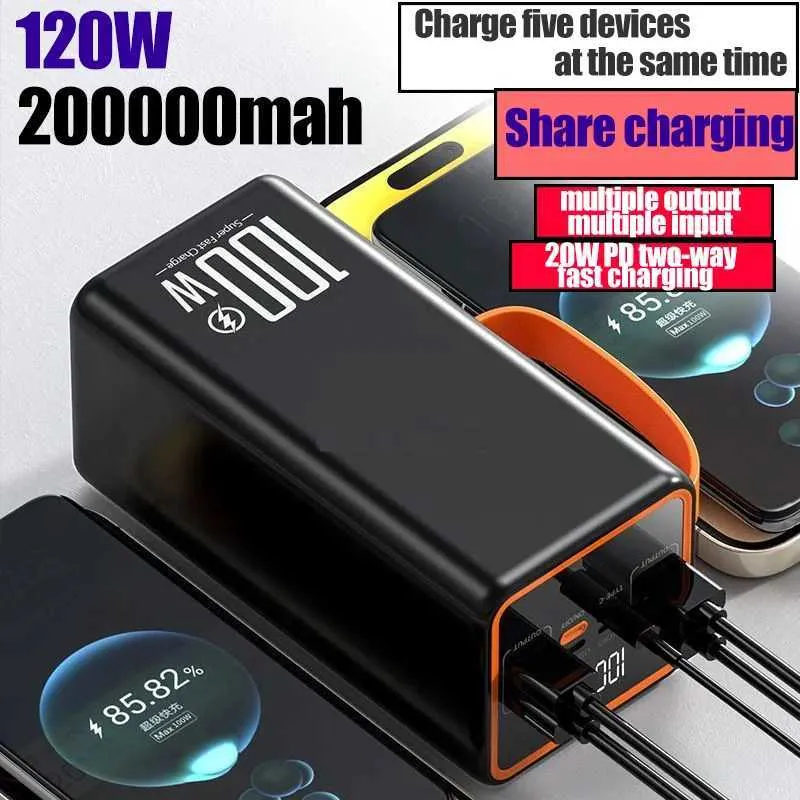 휴대 전화 전력 은행 200000mAh 야외 파워 팩 슈퍼 빠른 충전 초고속 캠핑 라이트 120W 야외 모바일 전원 공급 장치 J240428