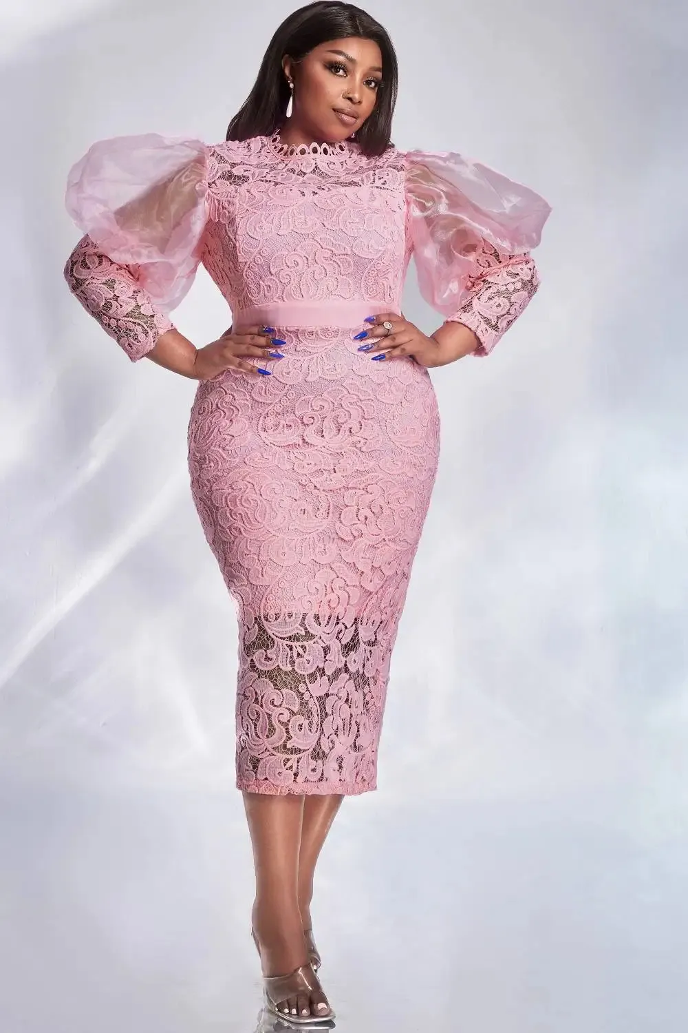 Plus Size Bodycon Dresses: Elegant Womens Pink Lace Midi Dress