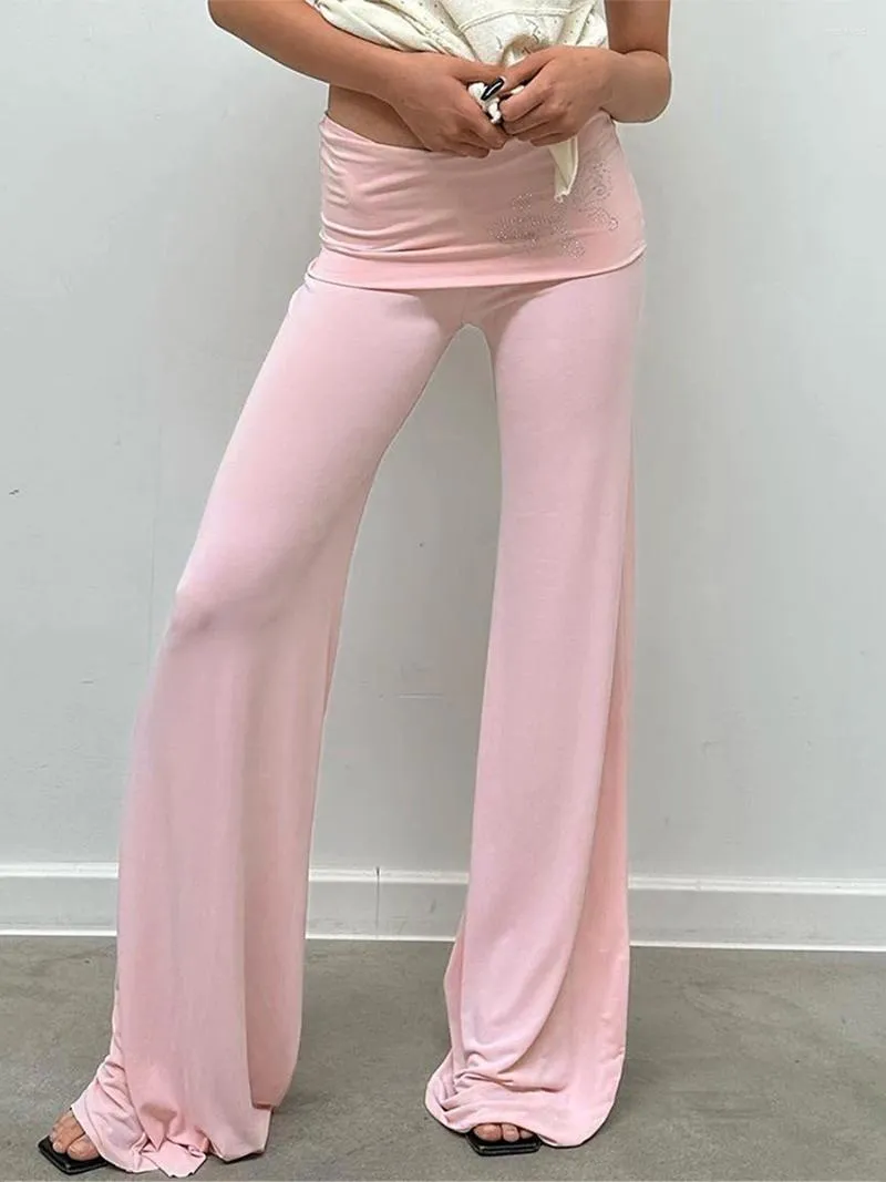 Women's Pants Open Front Casual High Waisted Rhinestone Butterfly Pattern Long Wide Leg Jogging Patchwork Flared Pink