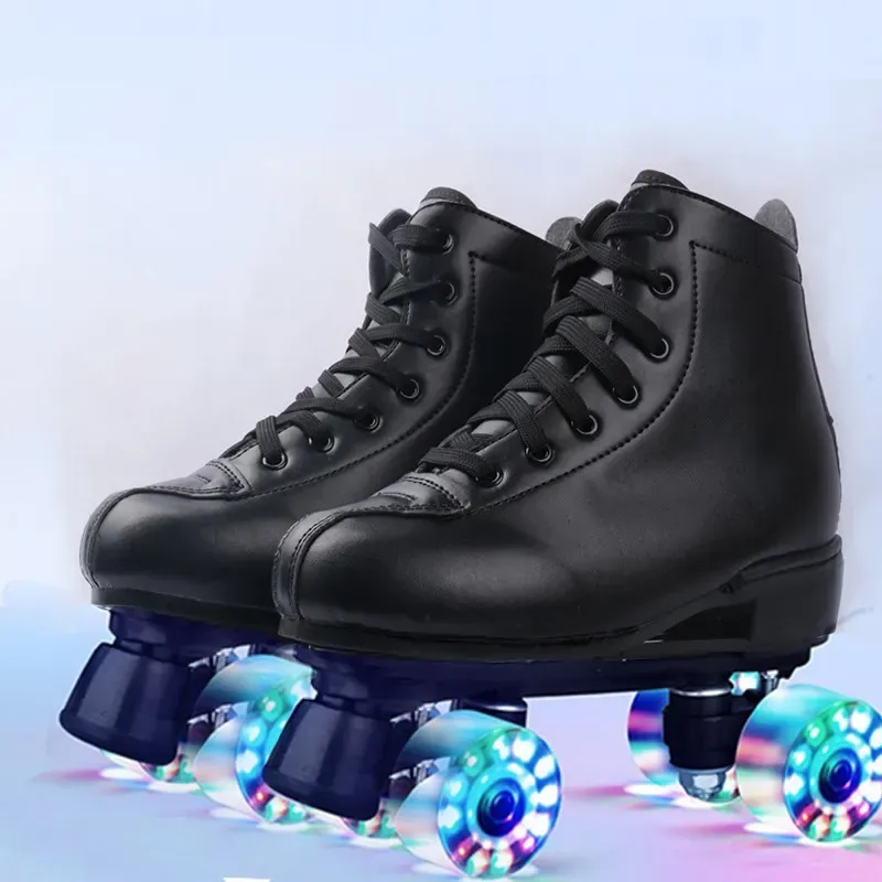 Laarzen roller skates schoenen quad wielen schaatsen volwassen unisex dubbele rij roller schoenen buiten glijdende sport sneaker lederen schoenen cadeau