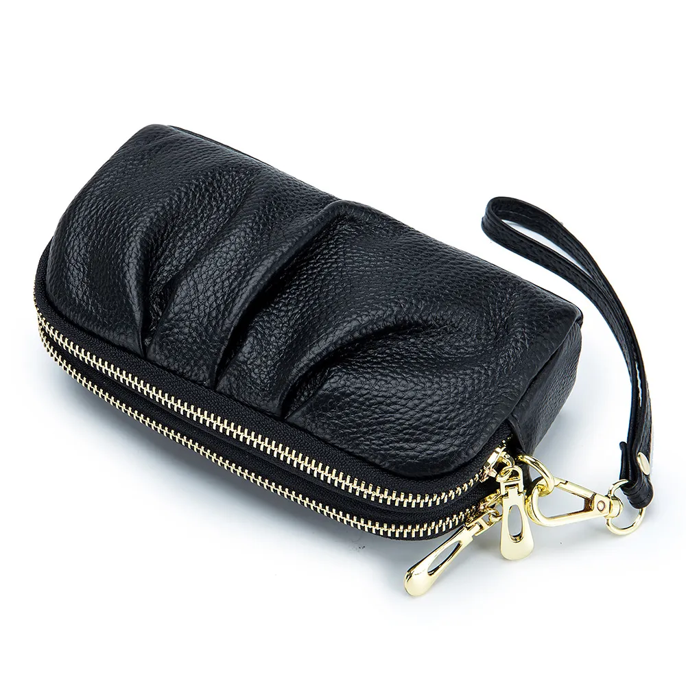 Sac d'embrayage en cuir authentique pour les femmes, sac à col à main de mère, fermeture à glissière à double couche à la vache à la première couche, sac de téléphone mobile de portefeuille haut de gamme