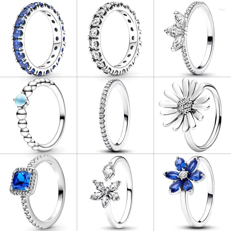 Pierścienie klastra 925 Srebrny pierścień niebieski cyrkon kwiat kształt błyszczącego zielnika