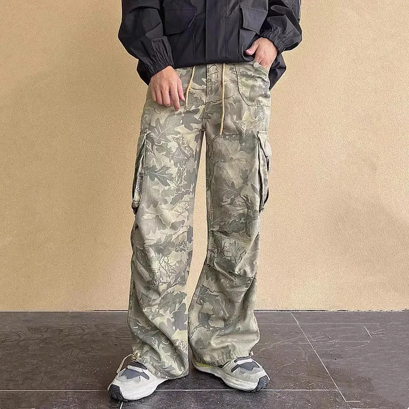 Y2Kファッションサイドポケット迷彩荷物用品ジーンズメンズ衣類ワイドレギンスレディースコットンパンタロニUOMO 240426