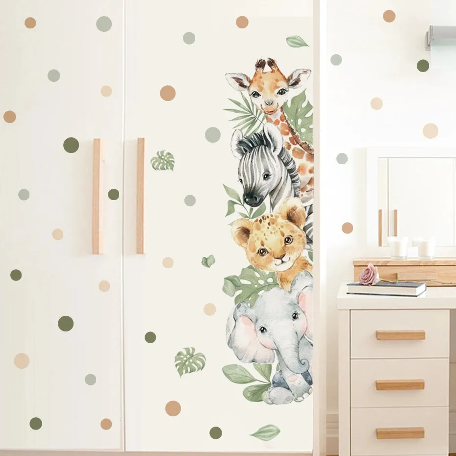 Door Stickers Cute Jungle Animals Elephant Giraffe Watercolor Wall Sticker for Kids Room Baby Nursery Decals Home Decor 240419