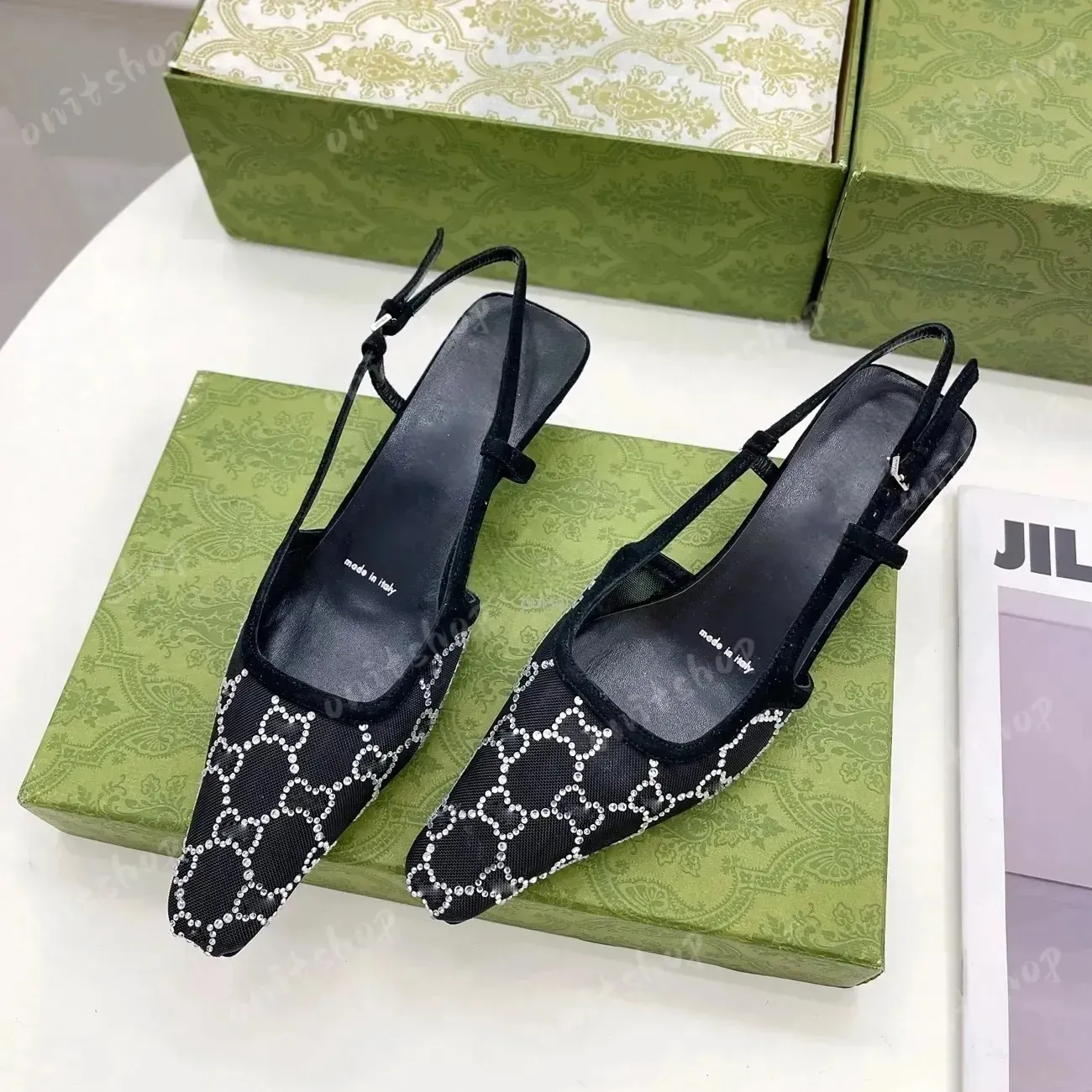 Kleiderschuhe Designer Slingback High Heels Sandalenleder 7,5 cm 3,5 cm schwarzes Netz mit Kristallen funkelnde Druckschuhe Gummi Sandalen Frauen Ank