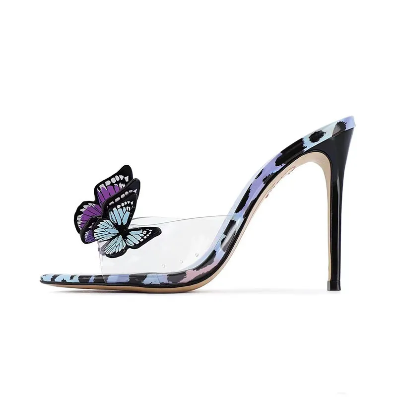 ПВХ кожа 2024 Женские женщины на высоких каблуках Сандалий Торги для туфли Slapper Summer Casual Hultage Упомянутая открытая вечеринка для вечеринки 3D бабочка прозрачная
