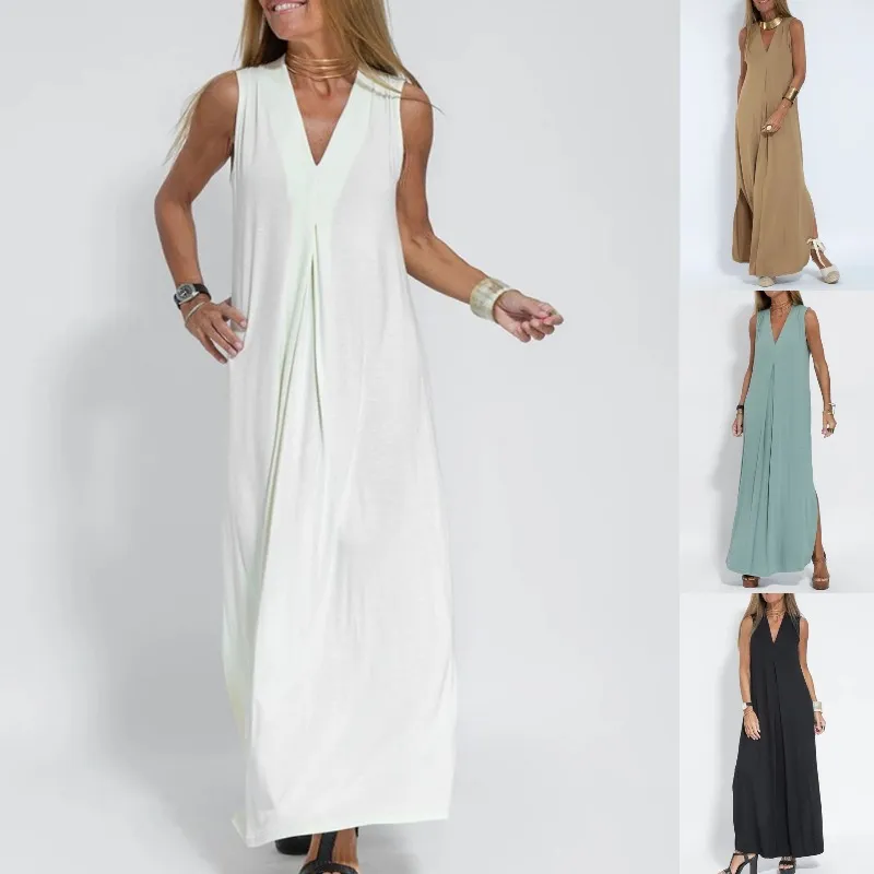 2024 Solid Color Pulever en V-Cheach Resort Elegant Long Dress Cardigan Cardigan Casual Dos piezas 2404272