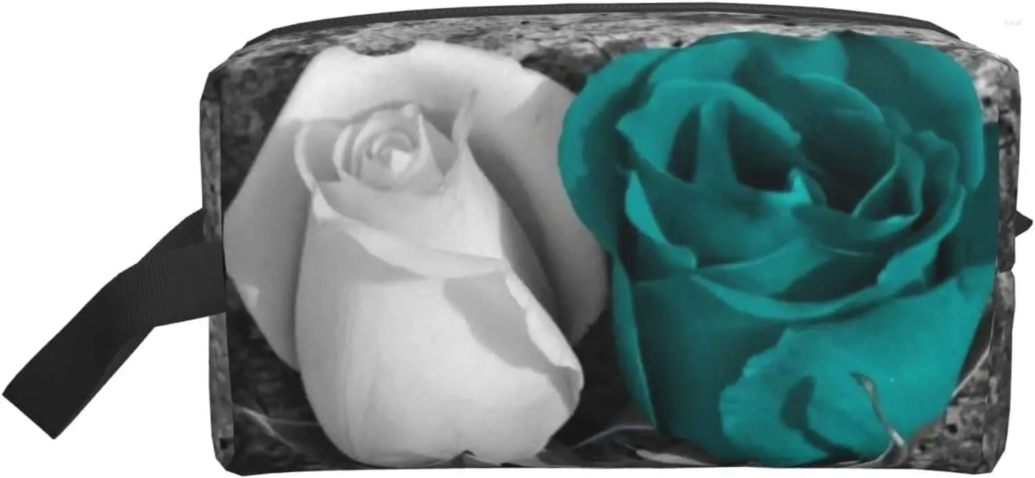 Förvaringspåsar Teal Grey Rose Makeup Bag Cosmetic for Women Travel Organizer Cute Case Purse