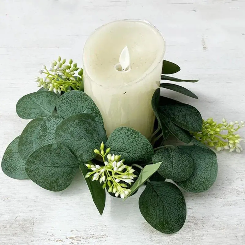 Fleurs décoratives Rustique Eucalyptus Decor Wreath Candle Ring Set for Home Wedding Party Table Centorpiece Decoration Green Artificiel Green