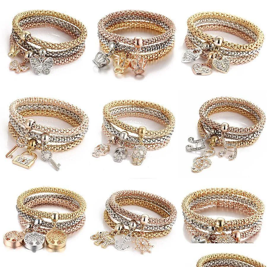 Bracelets de charme bracelets de charme 3 Couleur / ensemble arbre de vie Femmes Crystal Crown Musical Symbole Elephant Key Lock Owl Wrap Bracelet pour moi Dhfal