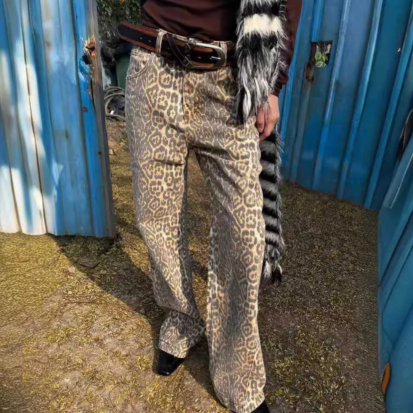 Jeans com estampa de leopardo para homens e mulheres impressos calças casuais lavadas rua de hip-hop perna lisa solta