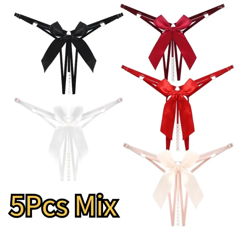 Women's Panties Cross Straps Sexy Lingerie Women Thongs With Bow Beading 2/3/5Pcs Lots Plus Size T-back G-strings Bowknot Underwear Ladies