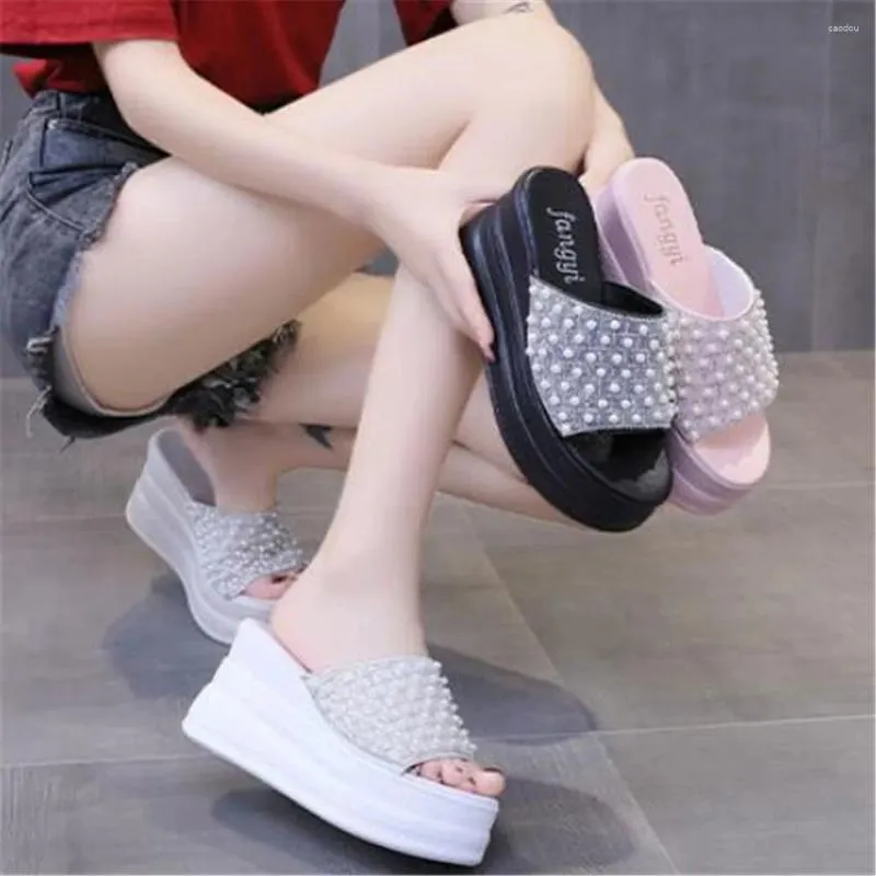 Slippers Summer Pearl Wedges Slipper Women's 2024 Sexy Open Toe 9 CM High Heel Sandals Flip Flops Shoes Lady Platform Beach Slides White