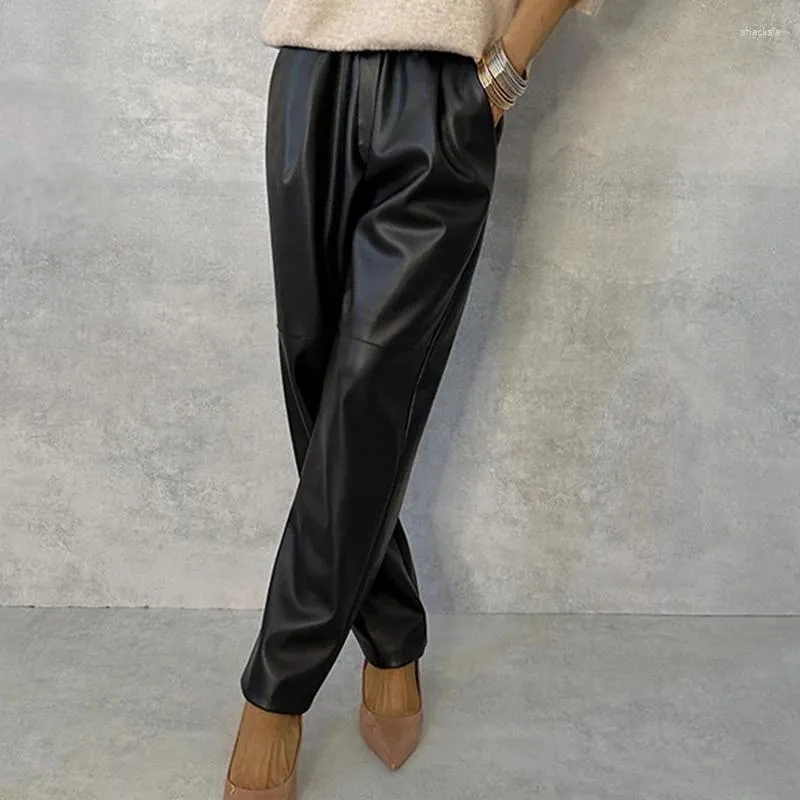 Calça feminina Casual High Street Sólido 2024 Escritório Vintage Pu solto Longo Moda de calça de couro de cintura elástica de bolso
