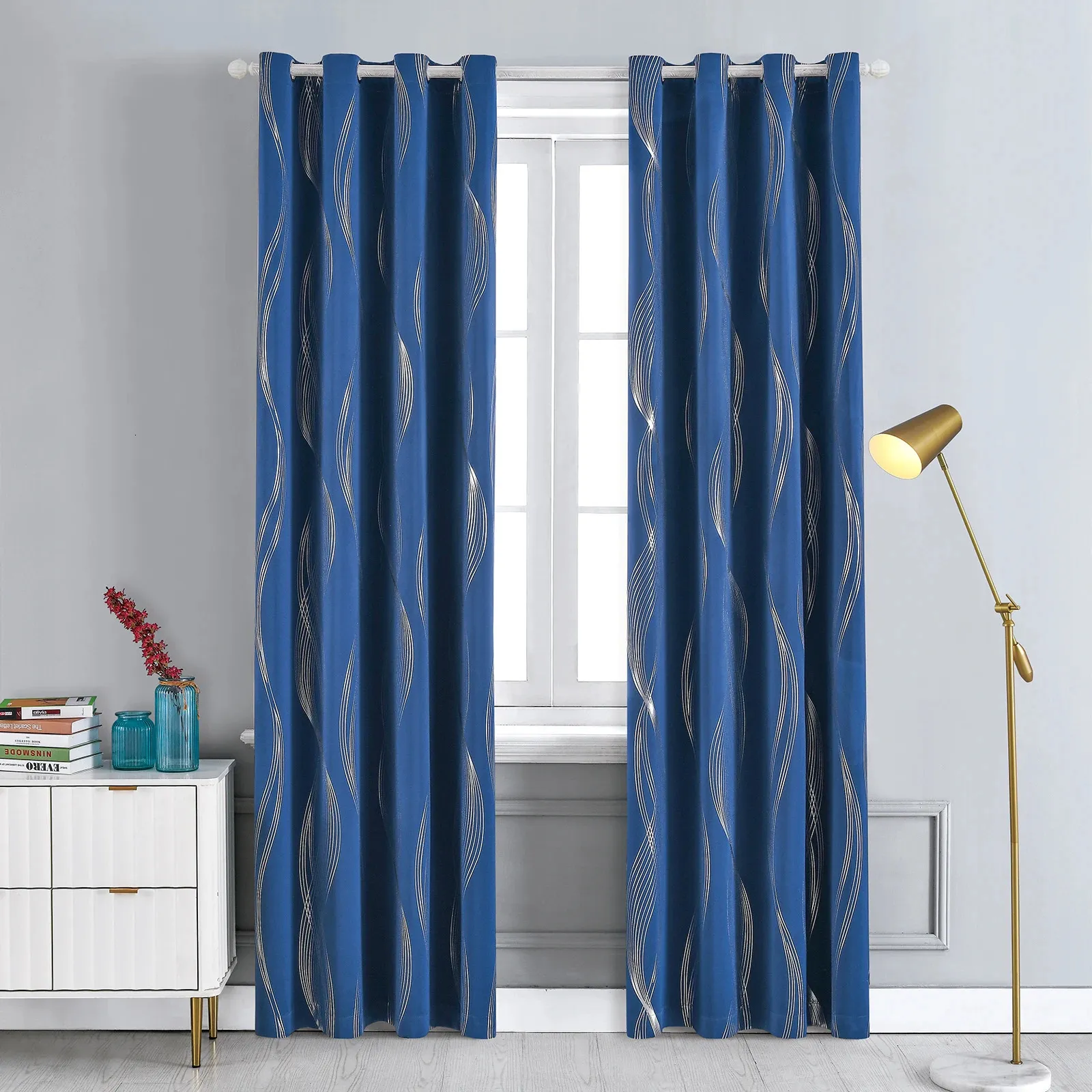 Rideau thermique à isolater pour chambre à coucher avec une vague d'impression argentée motif rayé noir drapes panneaux de blocage lumineux 240422