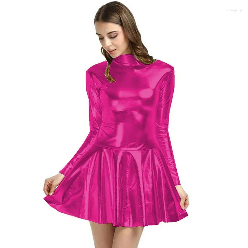 Casual Dresses Womens Metallic Shiny Long Sleeve A-line Dress Rave Party Clubwear Turtleneck Patent Leather Mini Music Festival Clothes