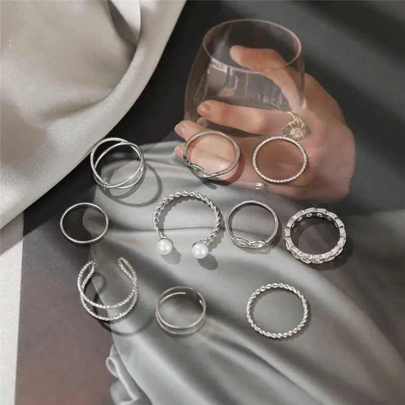 Anéis de banda Lats 10 Punk Silver Wide Chain Ring Conjunto para Moda feminina Irregular Deding Fin Ring Gift 2022 Jóias de dedos Q240427