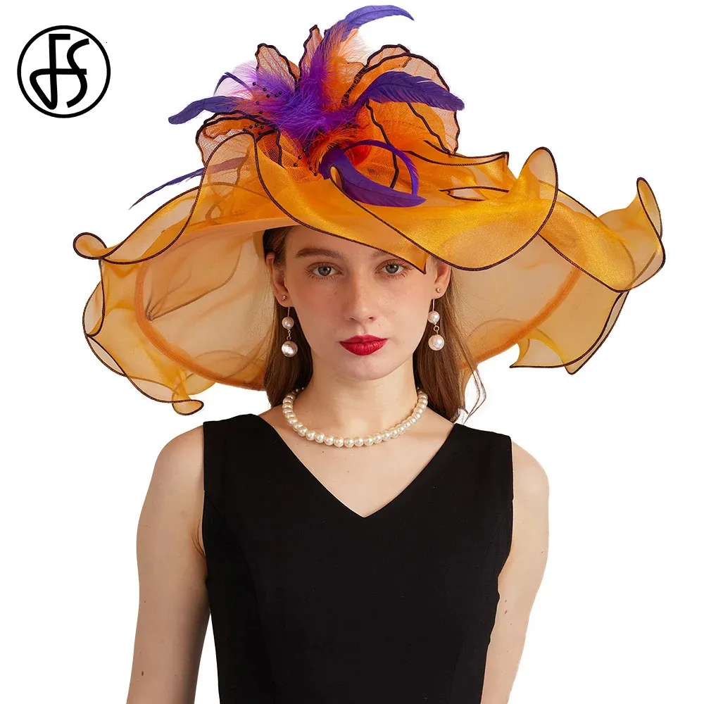 FS organza czapki czapki dla kobiet z siatką kwiat z piór żeńska sombrero ślub panna młoda St Patricks Fedora 240412