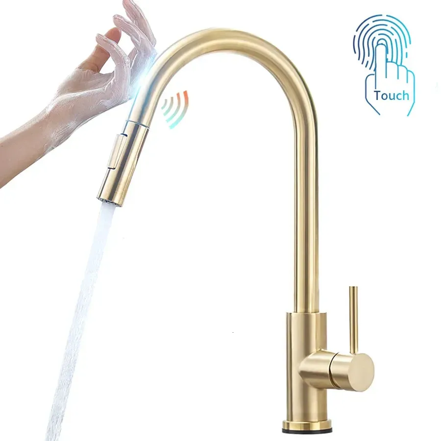 Sensor keukenkranen geborstelde gouden slimme touch inductieve gevoelige kraanmixer kraan single handle dual outlet Water Modi 1005J 240415